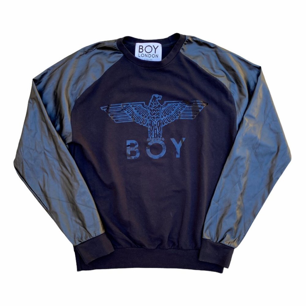 BOY LONDON Men's Designer PU Shoulders Raglan Eagle Hawk Pullover Sweatshirt M﻿﻿